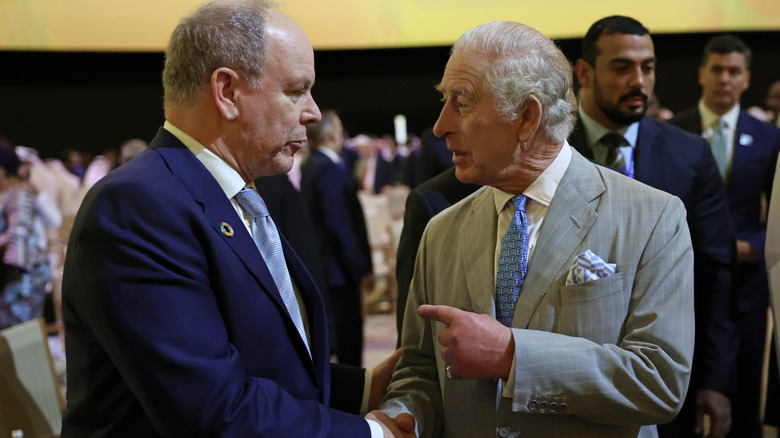 Prince Albert II of Monaco and King Charles III shaking hands and talking
