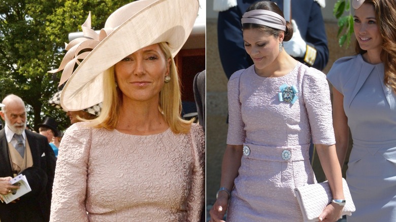 Princess Marie-Chantal of Greece and Princess Victoria of Sweden in matching pink dresses