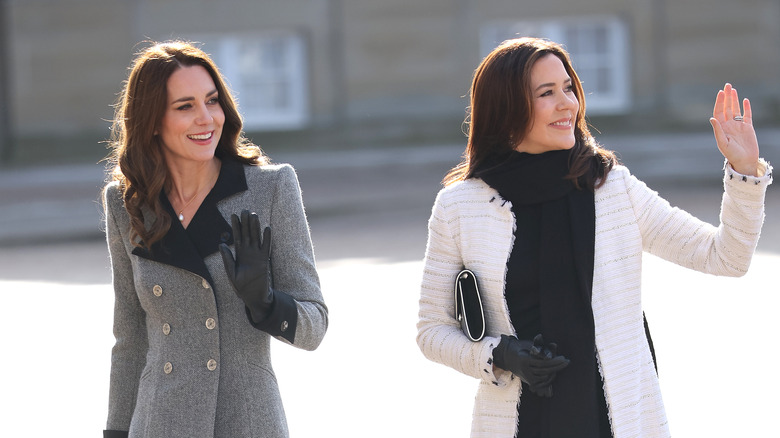 Catherine, Princess of Wales and Princess Mary of Denmark smiling and waving