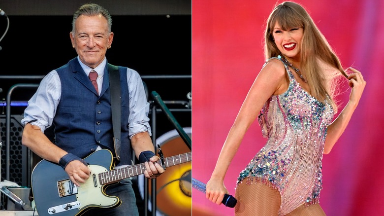Bruce Springsteen (left) and Taylor Swift (right) each perform on stage in concert.