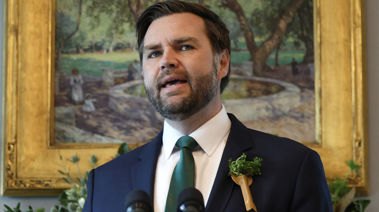 JD Vance delivering a speech during a visit to Ireland in a navy suit with a green tie