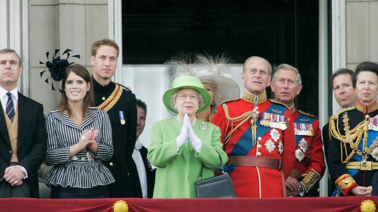 Queen Elizabeth II watches the RAF flypast from the balcony of Buckingham Palace with Prince Andrew, Duke of York, Princess Eugenie, Prince William, Camilla, Duchess of Cornwall, Prince Philip, Duke of Edinburgh, Prince Charles, Prince of Wales, David, Viscount Linley and Princess Anne, Princess Royal, during Trooping the Colour celebrations (2007)