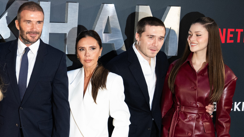 David Beckham, Victoria Beckham, Brooklyn Beckham and Nicola Peltz attend the Netflix 'Beckham' UK Premiere at The Curzon Mayfair on October 03, 2023 in London, England.