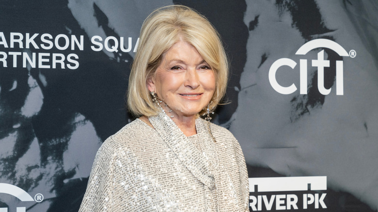 Martha Stewart posing for photos in a silver glittery top and scarf