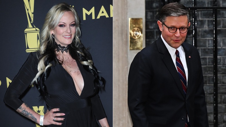 Two photos. One showing Stormy Daniels, the other showing Mike Johnson.
