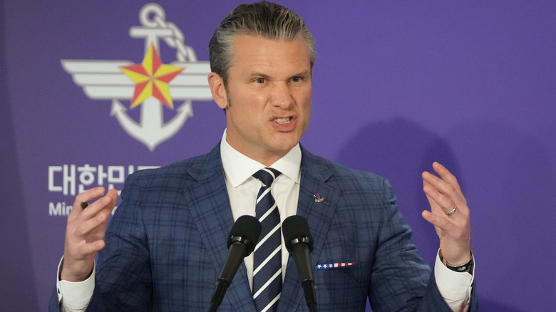 U.S. Defense Secretary Pete Hegseth speaks during a joint press conference with South Korean Defense Minister Ahn Gyu-back, following the 57th Security Consultative Meeting at the Defense Ministry on November 04, 2025 in Seoul, South Korea.