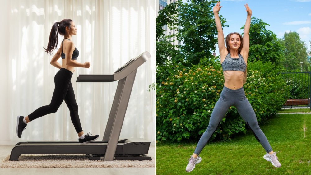 Woman running and woman doing jumping jacks