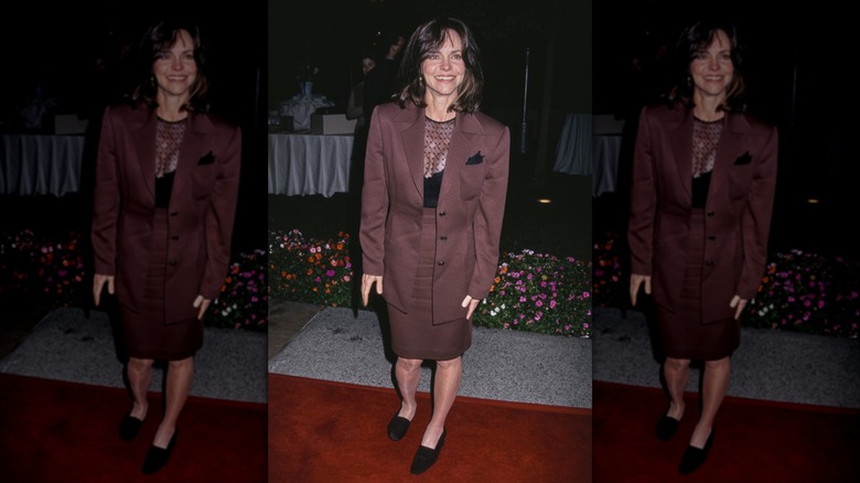 Sally Field wearing a brown power suit at the 1996 premiere of "Eye for an Eye"