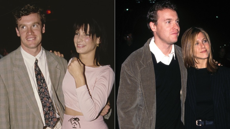 Split image showing Tate Donovan with Sandra Bullock next to a photo of Tate Donovan with Jennifer Niston
