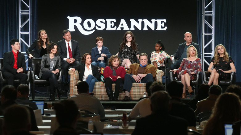 Sara Gilbert and the cast of the Roseanne revival at the Television Critics Association press tour