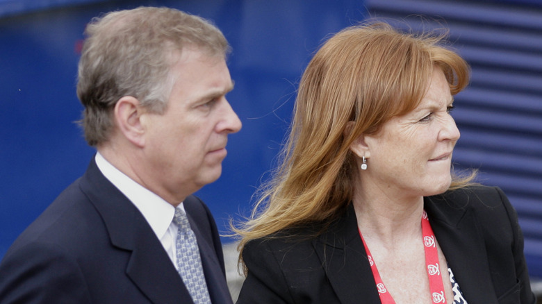 Prince Andrew and Sarah Ferguson looking off at something in the distance