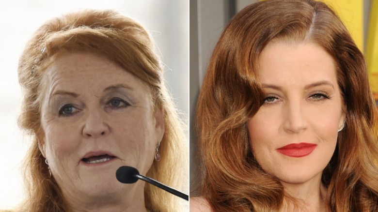 Split image of Sarah Ferguson speaking at Lisa Marie Presley's funeral in Memphis, TN (2023) and Lisa Marie Presley (2016)