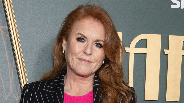 Sarah Ferguson in pinstriped suit