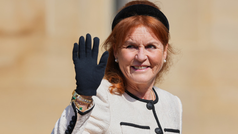 Sarah Ferguson waves as she attends the Easter Matins Service at St. George's Chapel, Windsor Castle on April 20, 2025 in Windsor, England.