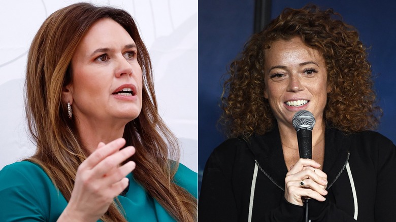 Side-by-side photos of Sarah Huckabee Sanders and Michelle Wolf speaking