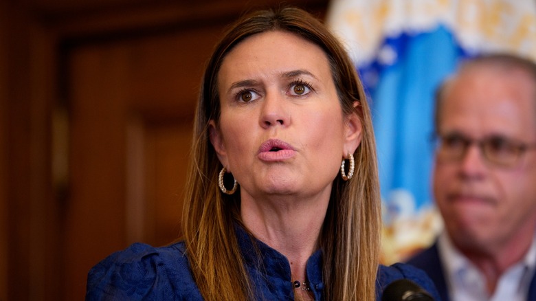 Sarah Huckabee Sanders speaks in her office at the US Department of Agriculture Whitten Building in Washington, DC (2025)