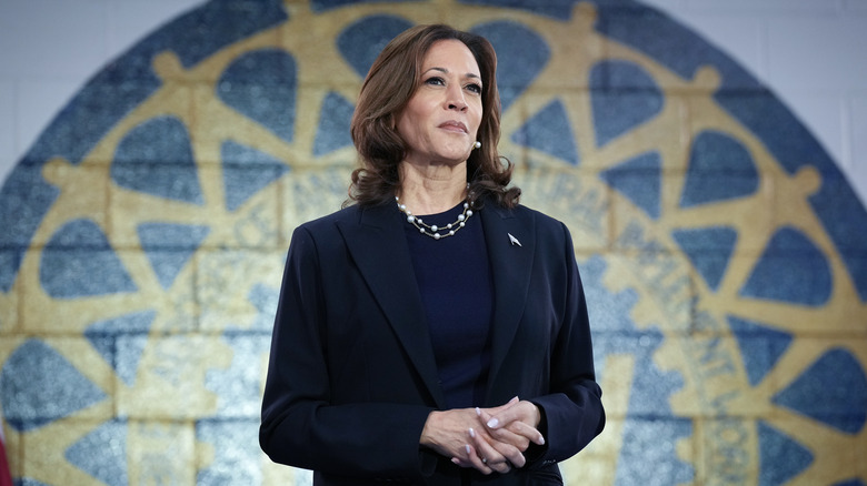 Kamala Harris standing with her hands folded while looking into the distance