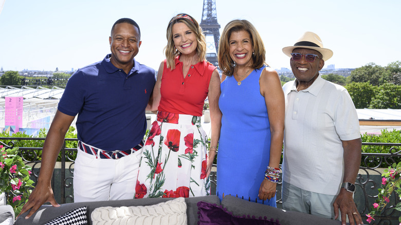 Craig Melvin, Savannah Guthrie, Hoda Kotb, Al Roker with Eiffel Tower in the background