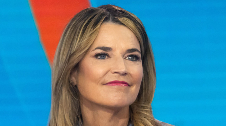 Savannah Guthrie close-up blue and red background
