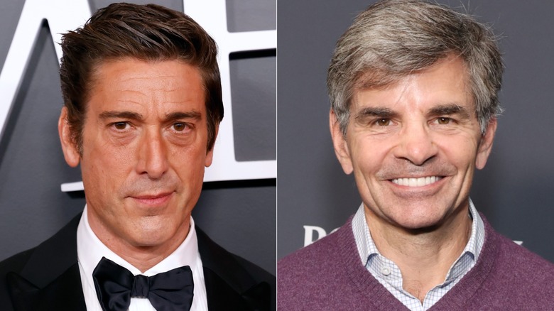 Close up of David Muir besides a close up image of George Stephanopolus