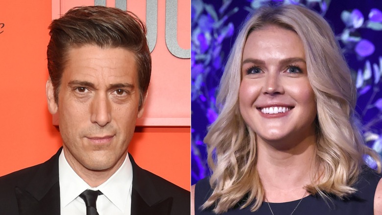 David Muir close up beside an image of Karoline Leavitt.