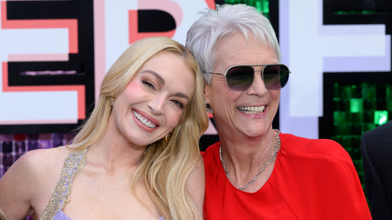Lindsay Lohan and Jamie Lee Curtis attend the "Freakier Friday" UK Premiere at Odeon Luxe Leicester Square on July 31, 2025 in London, England.