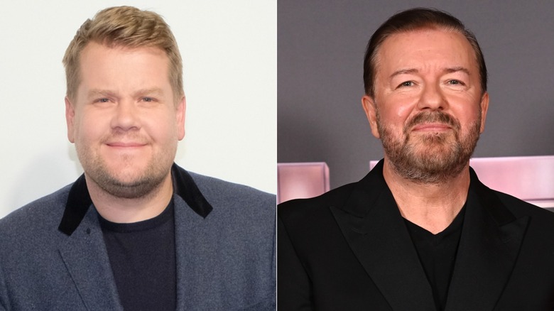 James Corden attends the 2018 CBS Upfront at The Plaza Hotel on May 16, 2018 in New York City (left), Ricky Gervais at the National Television Awards 2022 at OVO Arena Wembley on October 13, 2022 in London, England (right).