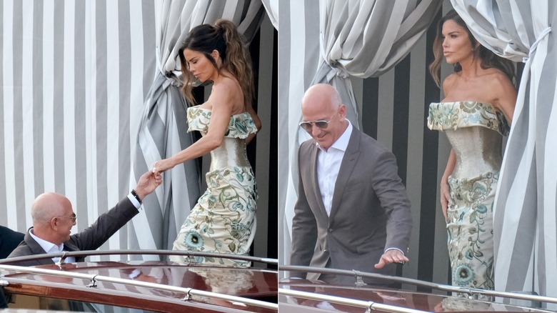 Two photos of Lauren Sánchez getting into a boat in Venice with Jeff Bezos
