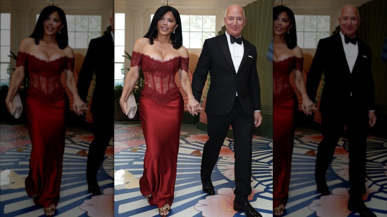 Lauren Sánchez and Jeff Bezos at the White House with Lauren in a red corset dress