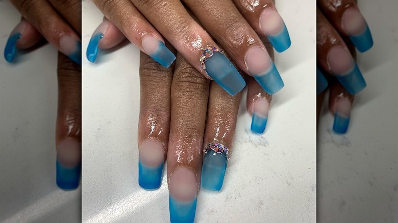 Blue French tips sea glass manicure