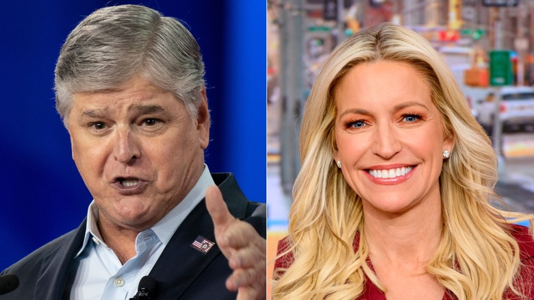 Split image of Sean Hannity speaking with his hand up and Ainsley Earhardt smiling