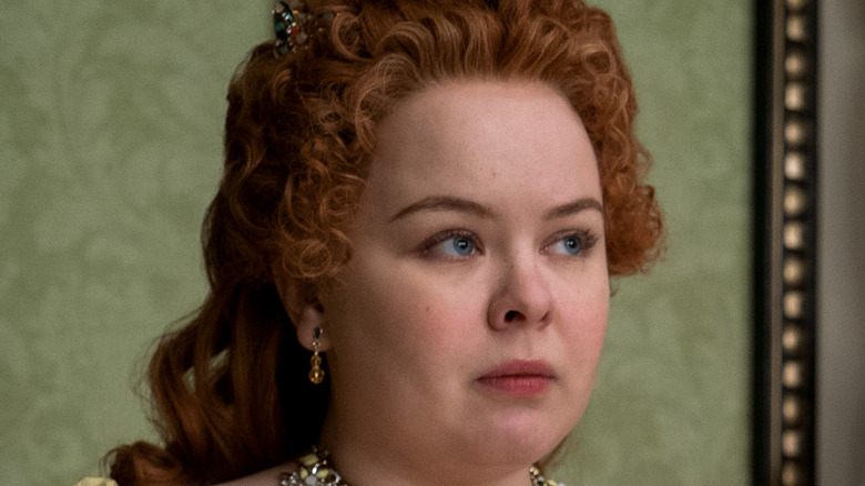 Nicola Coughlan in costume as Penelope Featherington