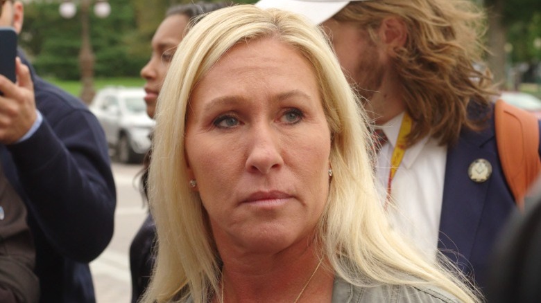 Marjorie Taylor Greene listens to a reporter's questions in Washington, DC (2023)