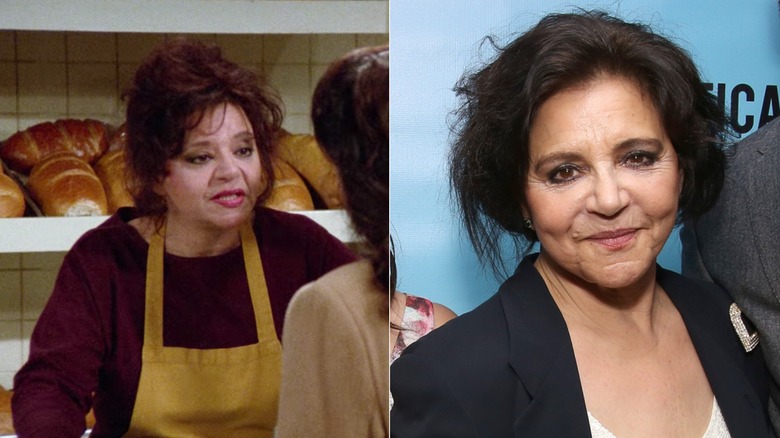 Split photo of Kathryn Kates as the yellow apron babka lady in "Seinfeld" and at a 2017 premiere event