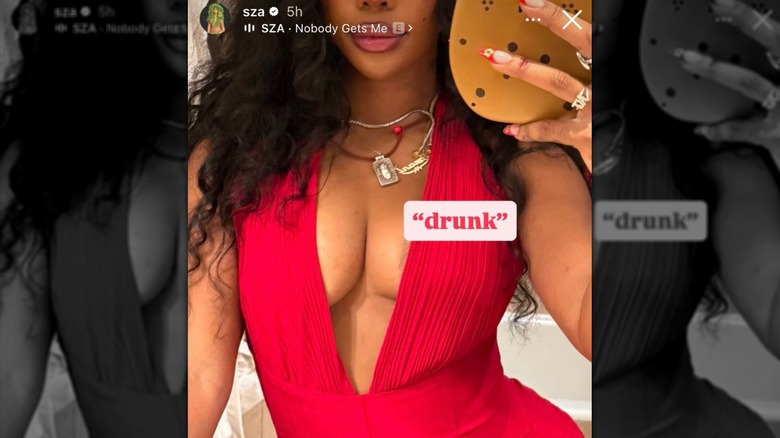 A selfie of SZA in a red dress via her Instagram Story.