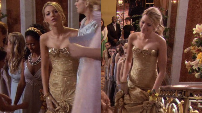Blake Lively posing in a gold evening gown.
