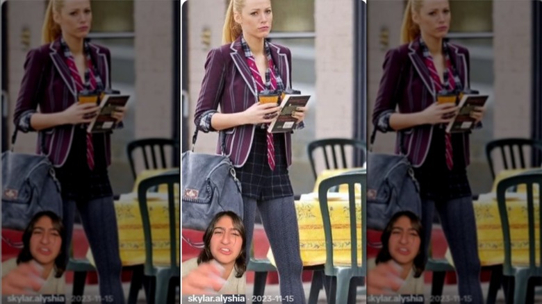 Blake Lively caring a book and coffee wearing a mixed pattern preppy look.