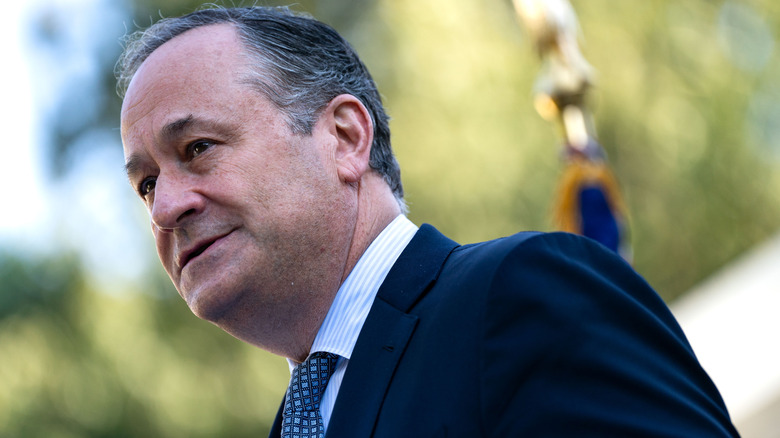 Doug Emhoff speaks before he and his wife, Vice President Kamala Harris plant a pomegranate tree at the Vice President's residence at the U.S. Naval Observatory on October 7, 2024 in Washington, DC.