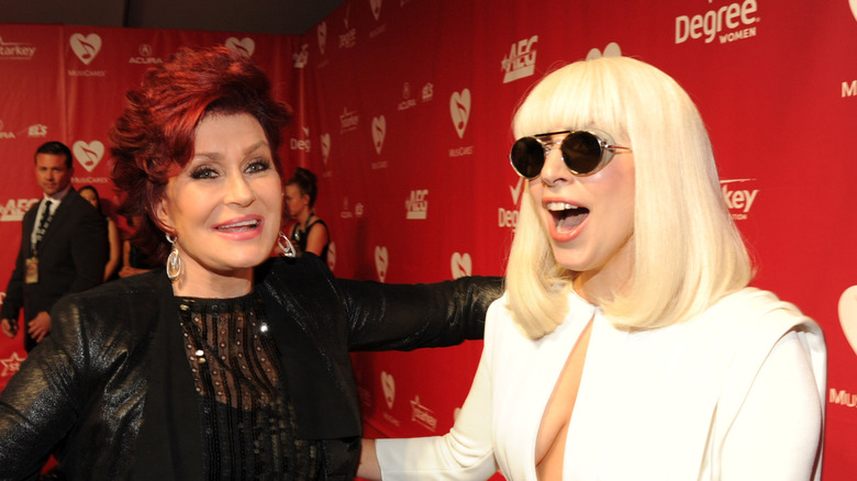 Sharon Osbourne on a red carpet with Lady Gaga
