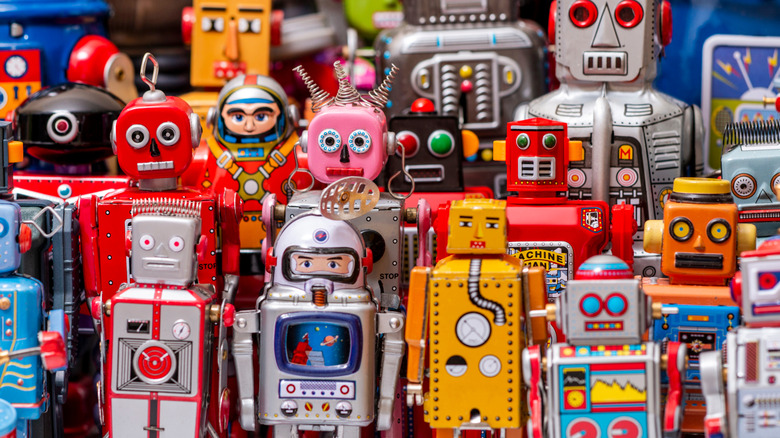 An assortment of robot-themed wind-up toys