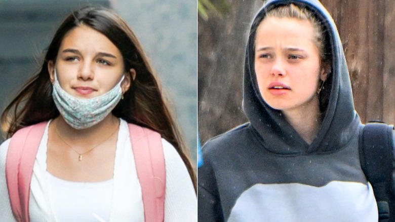 Split image of Suri Cruise and Shiloh Jolie walking outside
