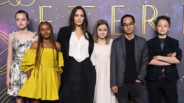 Shiloh Jolie, Zahara Jolie-Pitt, Angelina Jolie, Vivienne Jolie-Pitt, Maddox Jolie-Pitt and Knox Pitt pose together at a red carpet premiere.