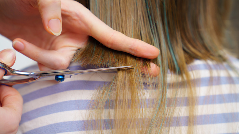 Woman cutting layers off a girl's hair