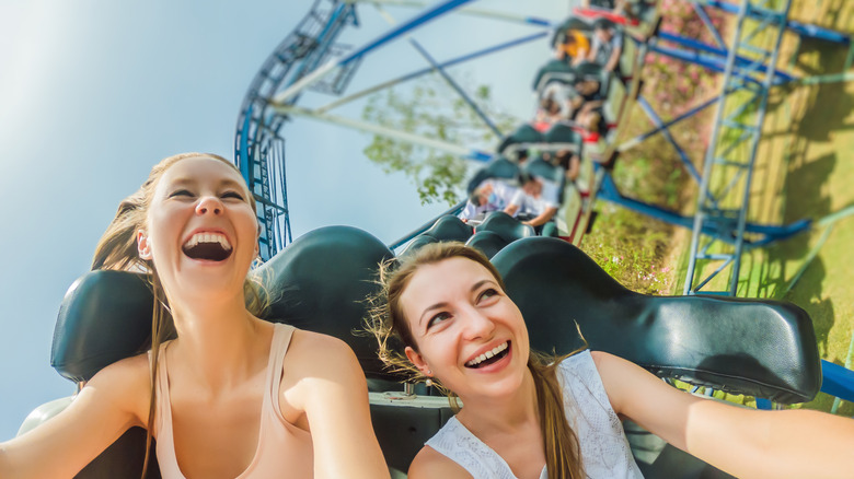 two girls riding a rollercoaster