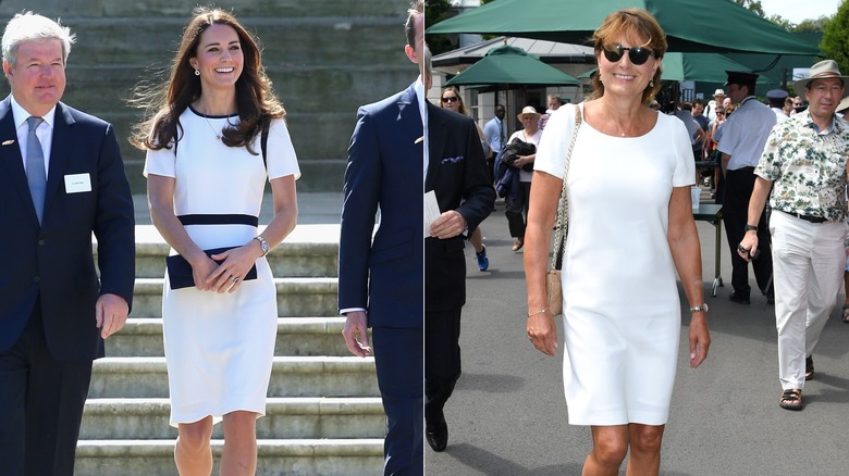 Kate Middleton and Carole Middleton in white shift dresses at different events