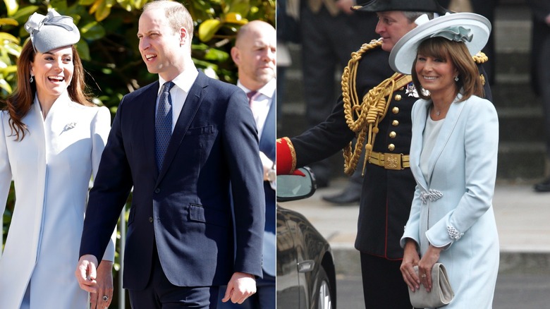 Kate Middleton in a blue coatdress with Prince William and in a separate picture Carole Middleton arriving at Will and Kate's wedding in a blue coat dress