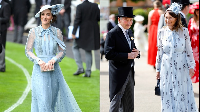 Kate Middleton and Carole Middleton in baby blue midi dresses and big hats at different events