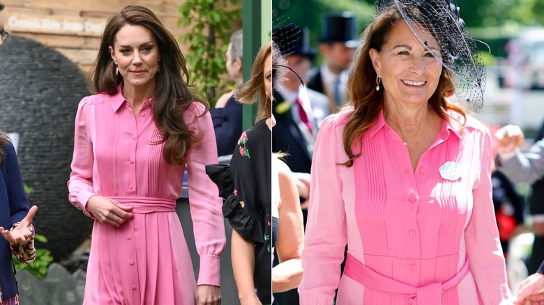 Kate Middleton and Carole Middelton at different events wearing the same pink dress