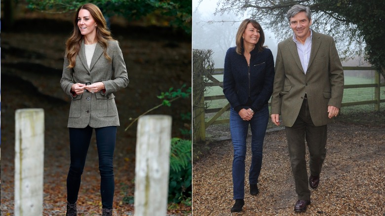 Kate Middleton attending an event in skinny jeans and Carole Middleton and Michael Middleton walking around their home
