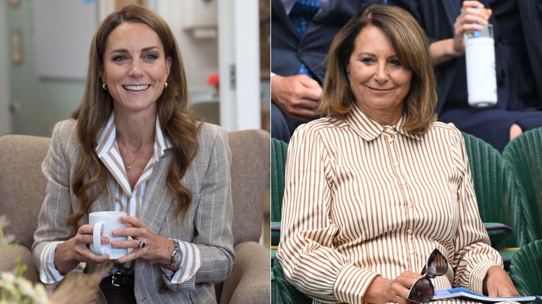Kate Middleton in brown and white stripes and Carole Middleton in a brown and white striped dress